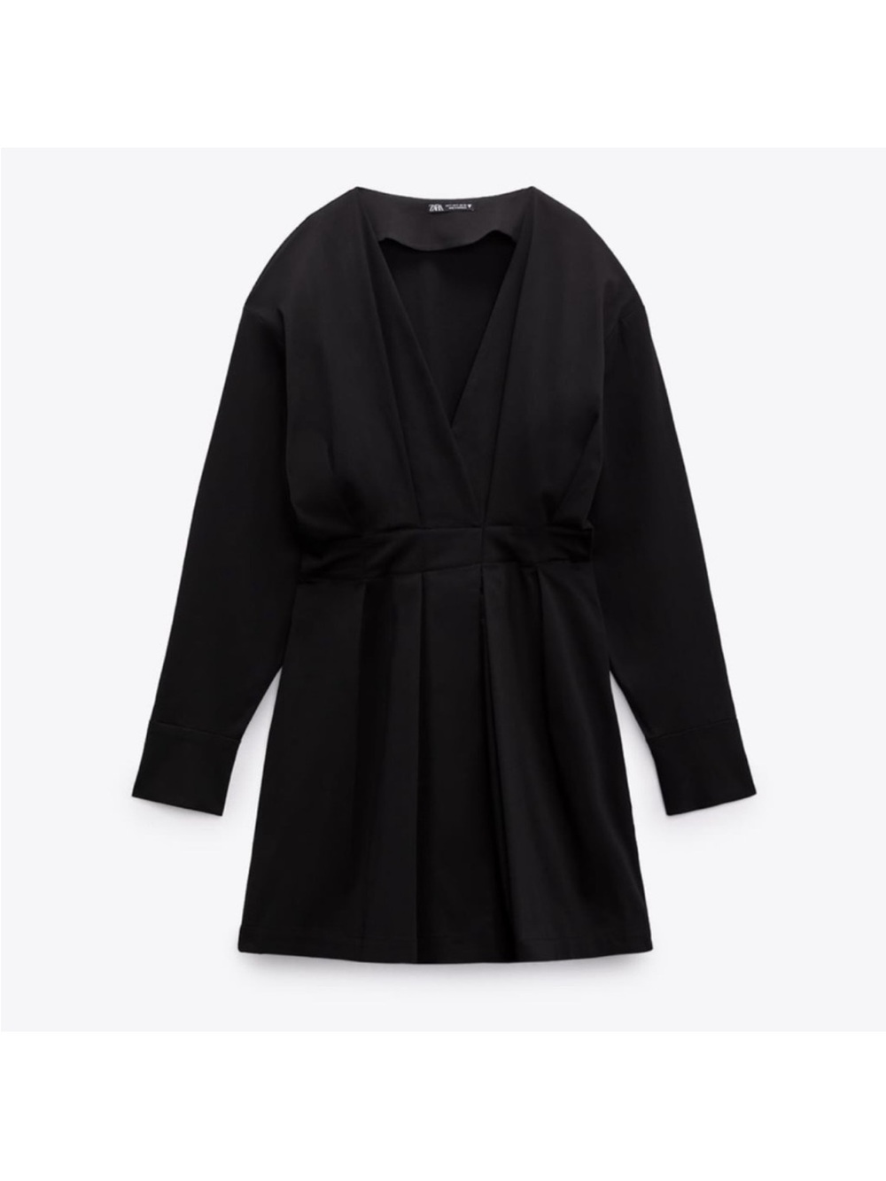 Zara Black V-Neck Long Sleeve Pleated Mini Dress